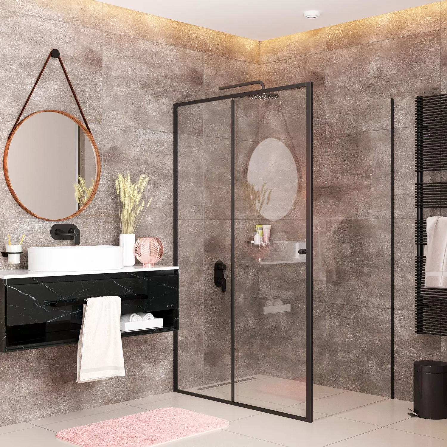 Modern frameless glass shower cabin with tempered safety glass installed in a luxury bathroom in Lahore