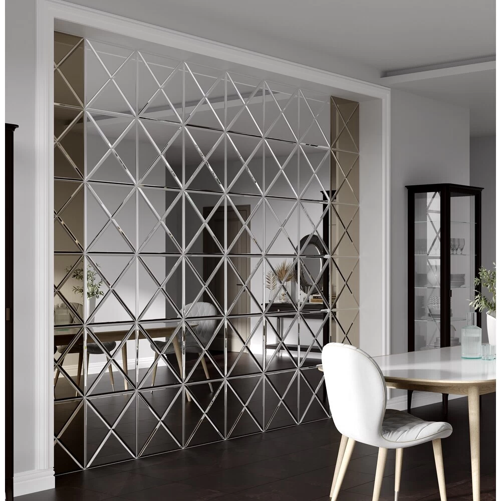 Custom mirror wall design with decorative mirror panels for modern home interiors by Glassinium